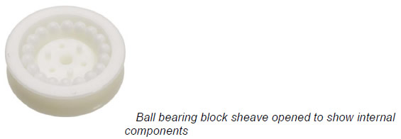 Ball bearing block sheave opened to show internal