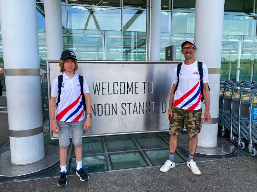 Ralph and dad Chris at Stansted Airport after a success week at the Topper Worlds 2024